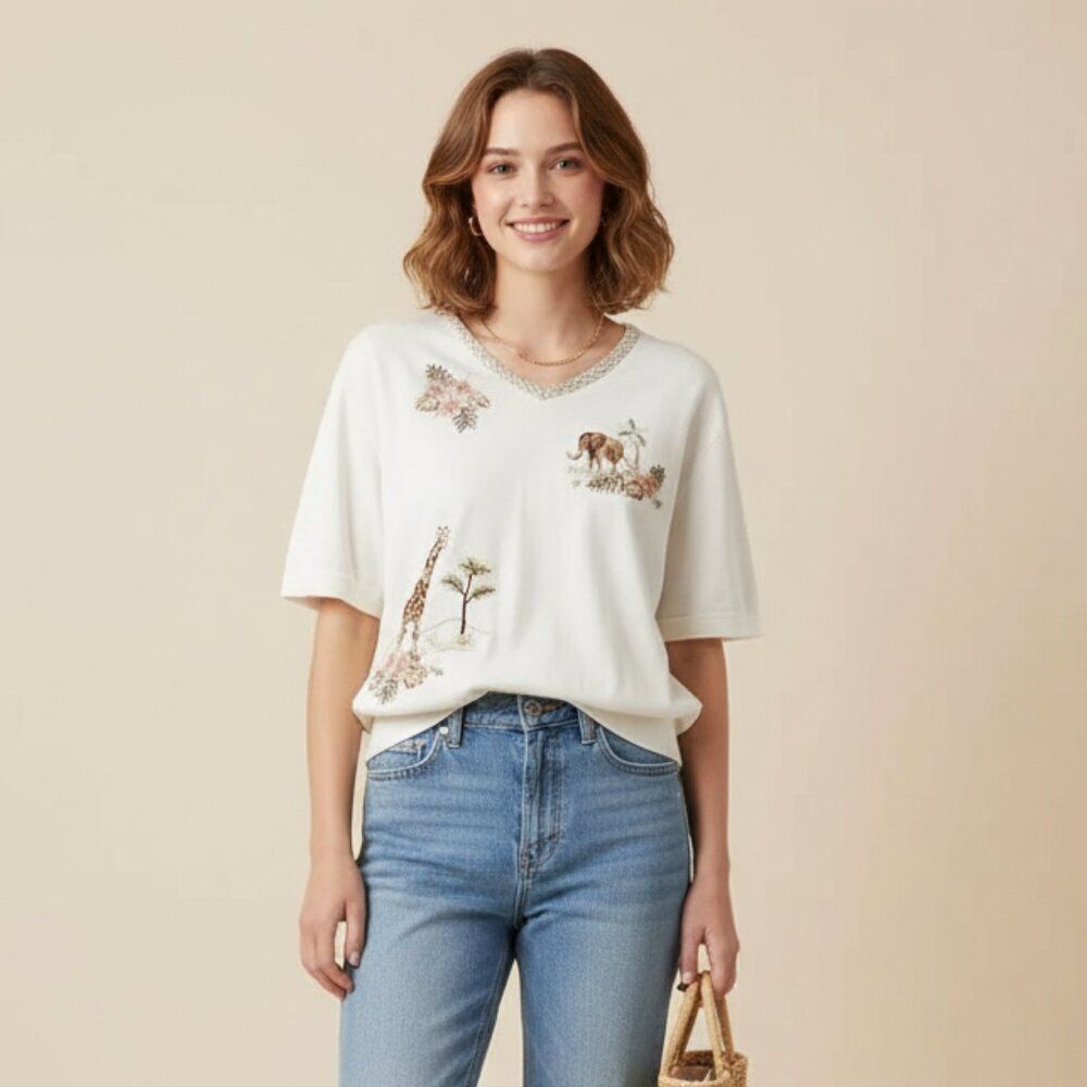 Vintage Bon Worth Top Safari Animal Short Sleeve Cream Womens sz Large Grandma